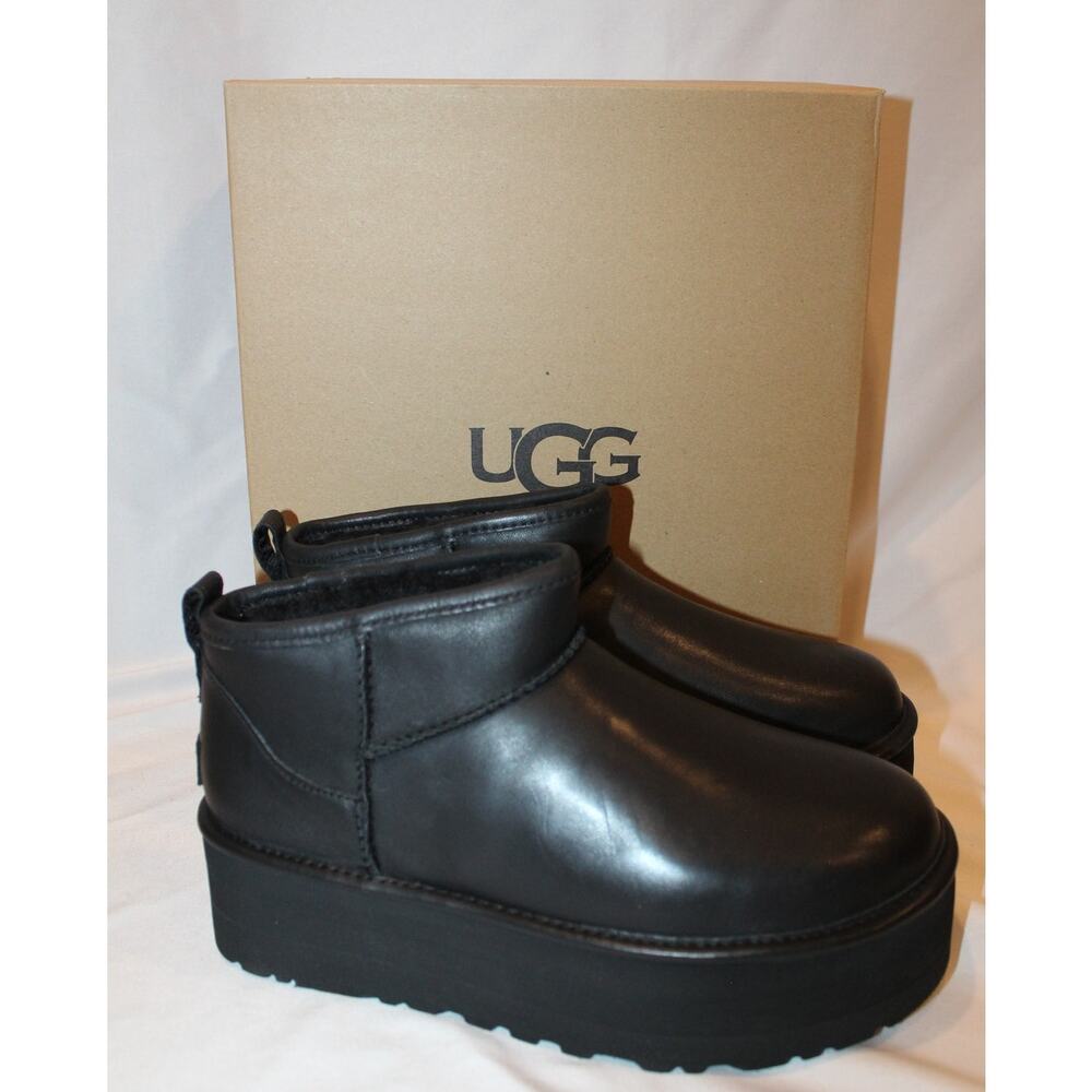 NIB UGG WOMEN'S ULTRA MINI PLATFORM LEATHER SHEARLING LINED ANKLE BOOTS BLACK - Picture 2 of 8